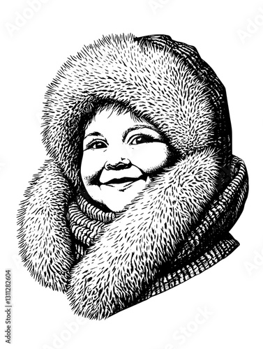 Charming iced landscape with a joyful child dressed in warm fur for the winter season, showcasing a timeless spirit of adventure and warmth