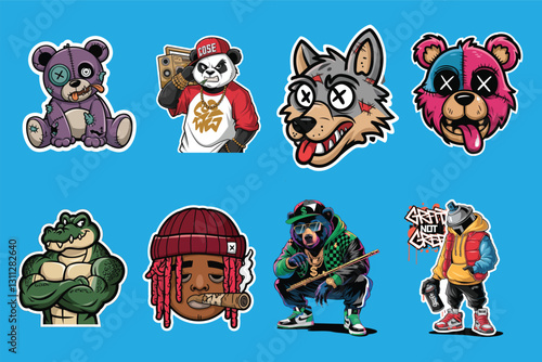Urban Street-Style Hip-Hop Stickers – Graffiti Panda Bear Wolf Crocodile Gangster Rap Aesthetic – Cool Digital Art Stickers for Laptops, Skateboards, and More