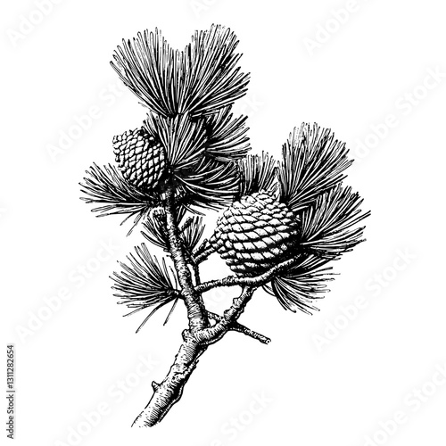 Engraved pine cone and branch illustration perfect for tattoo or packaging design inspiration