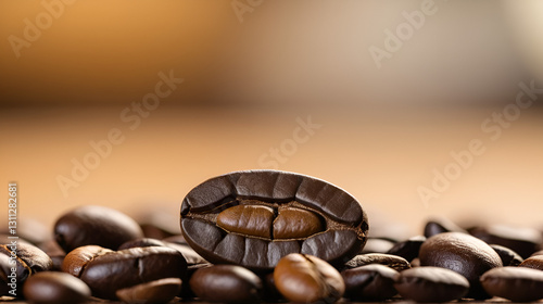 A close-up shot of a single roasted coffee bean, with other beans blurred in the background.
