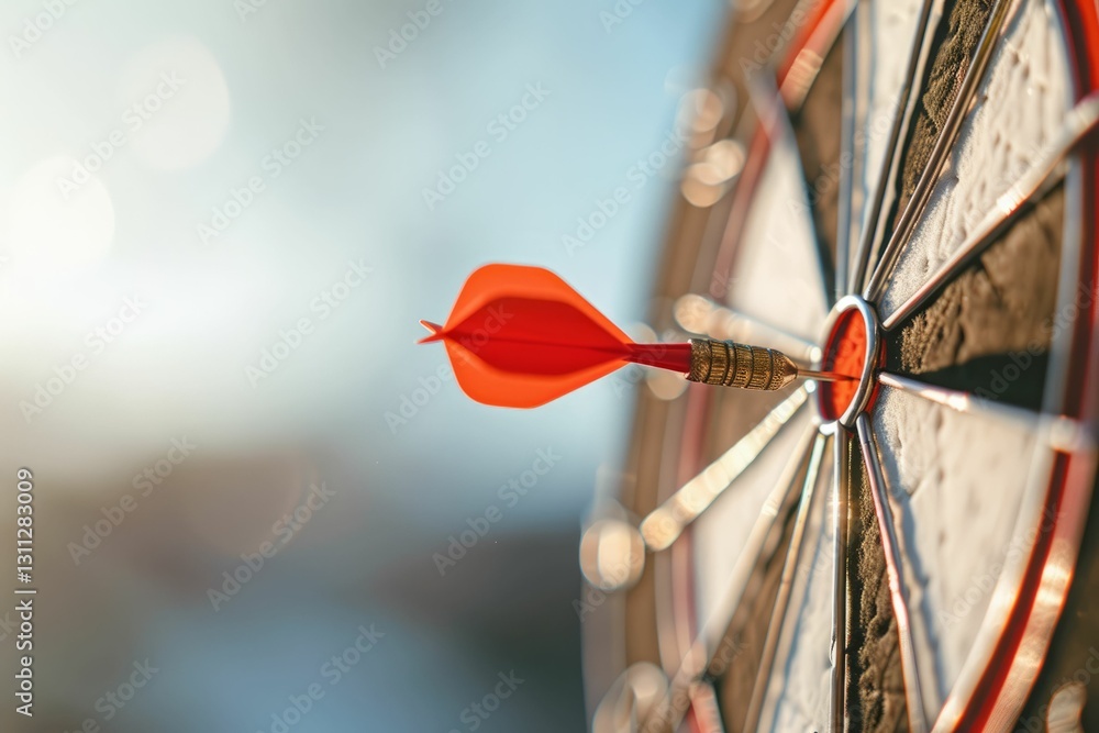 A red dart in the center of the target, against a blurred light blue sky, copy space. AI generative