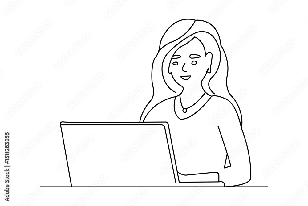 Continuous line drawing representing a modern laptop computer on black and white background Continuous line drawing representing a modern laptop computer on black and white background
