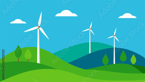 Wind Turbines on a Hill A picturesque landscape with a series of tall wind turbines rotating on a green hill with a clear blue sky in the background.