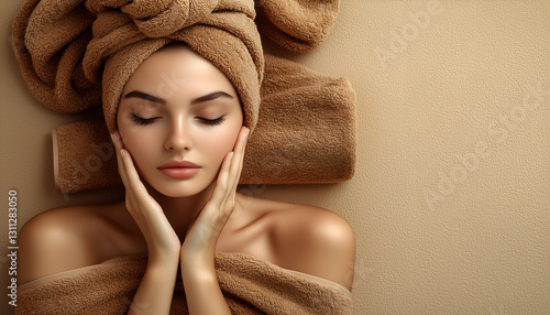 A serene woman with a towel on her head relaxes, embracing a natural beauty routine against a soft, neutral backdrop.