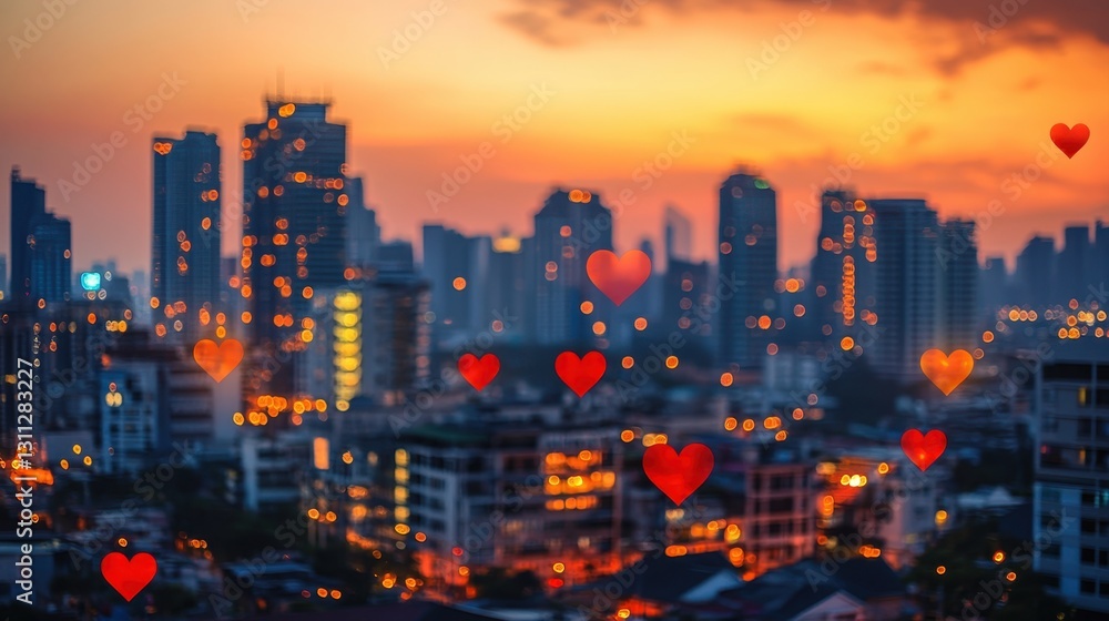 Obraz premium Dreamy heart shapes adorning urban skyline at sunset soft focus romantic concept city atmosphere