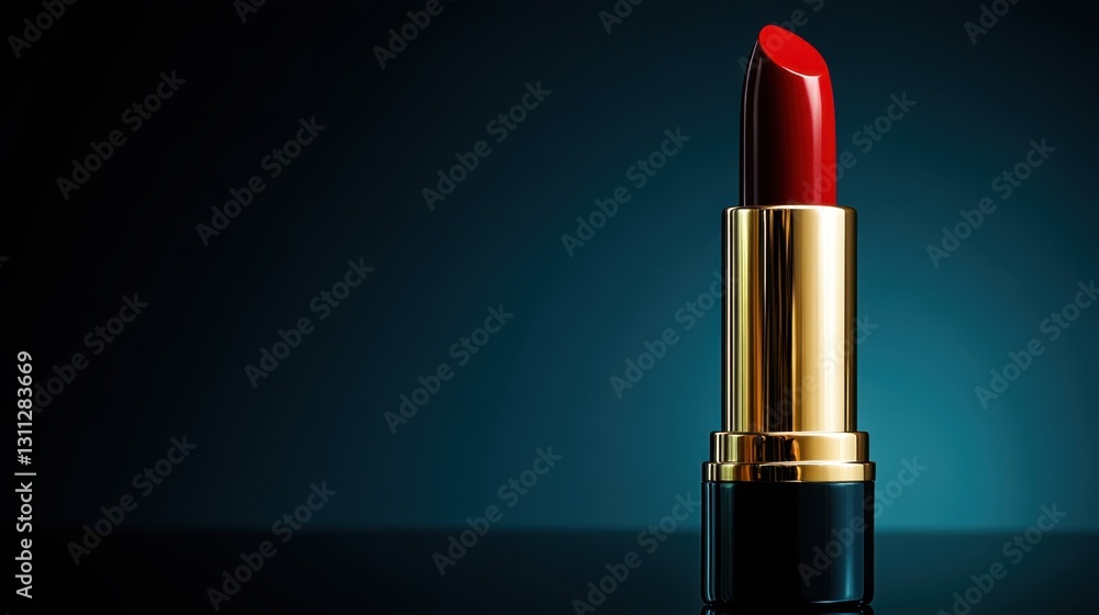 Elegant red lipstick tube with open cap on reflective surface beauty product photography studio setting