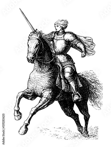 Majestic knight in armor riding a powerful steed, brandishing a sword in a dynamic medieval display of valor and courage