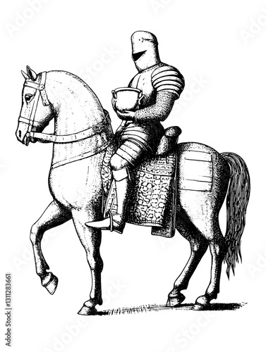 Engraved illustration of a knight on horseback holding a bowl, a unique design for tattoos and packaging