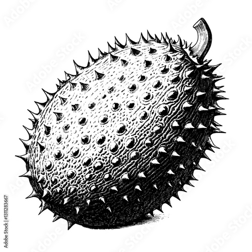 Intricate engraved illustration of a spiky fruit showcasing artistic detail and texture