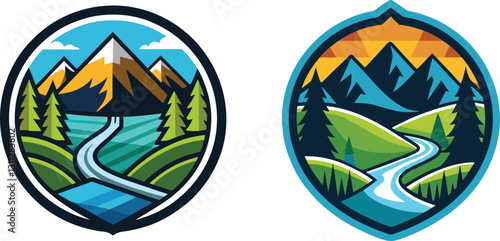 Set of Round Valley river logo, Nature and camping landscape, set of hiking illustration. Outdoor travel, wild nature travel.