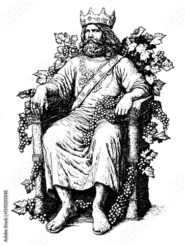 Majestic king adorned in ivy and grapes, representing nature's bounty, captured in intricate engraved design for artistic purposes