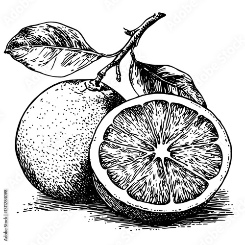 Intricate engraved illustration of citrus fruit showcasing an orange with slices, ideal for creative tattoo and packaging design inspiration