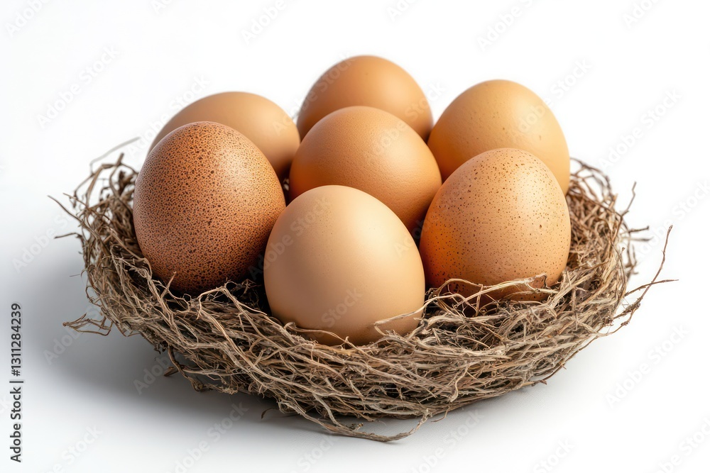A photorealistic close-up of individual organic eggs, rich warm tones, arranged in a soft nest, isolated on a clean white backdrop A photorealistic close-up of individual organic eggs, rich warm tones, arranged in a soft nest, isolated on a clean white backdrop