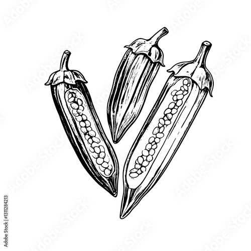 Intricate engraved illustration of okra pods showcasing their geometric beauty and natural form for diverse artistic uses