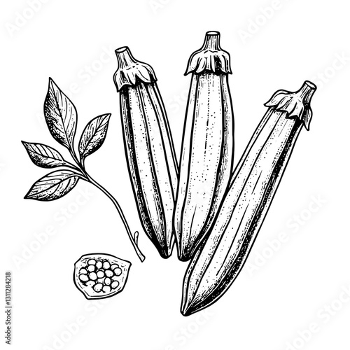 Engraved illustration of okra pods and leaves showcasing intricate details and exquisite line work for packaging design
