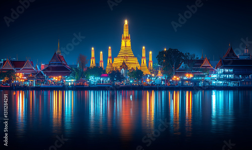 A stunning night view of a temple illuminated with golden lights, reflecting on the water, showcasing the beauty of architecture and serenity.