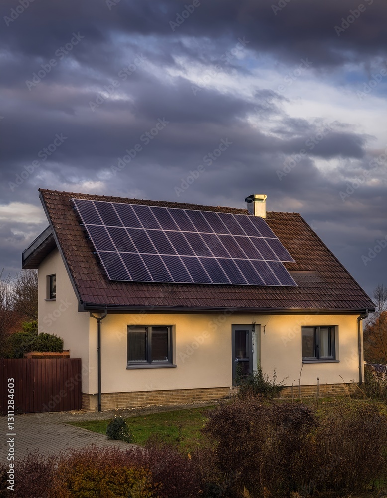 Detached residential house with solar panels on the roof Detached residential house with solar panels on the roof