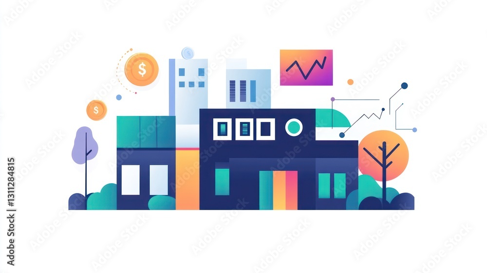 Modern city buildings with financial growth indicators Modern city buildings with financial growth indicators