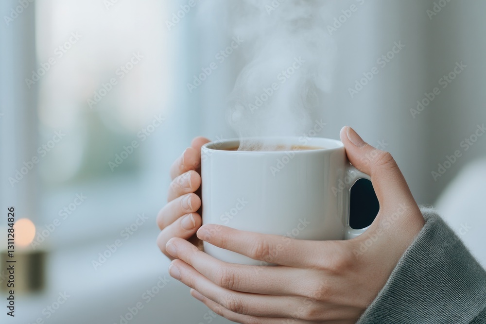 Warm hands cradle steaming mug, inviting comfort and tranquility Warm hands cradle steaming mug, inviting comfort and tranquility