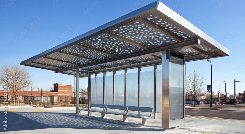 This bus stop showcases a sleek metal roof complemented by a diamond-patterned glass structure, providing shelter and enhancing urban aesthetics in a bustling city environment This bus stop showcases a sleek metal roof complemented by a diamond-patterned glass structure, providing shelter and enhancing urban aesthetics in a bustling city environment