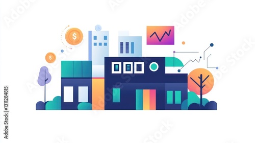Modern city buildings with financial growth indicators