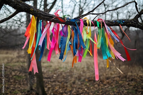 A mix bright shimmering ribbons hanging loosely from a tree branch