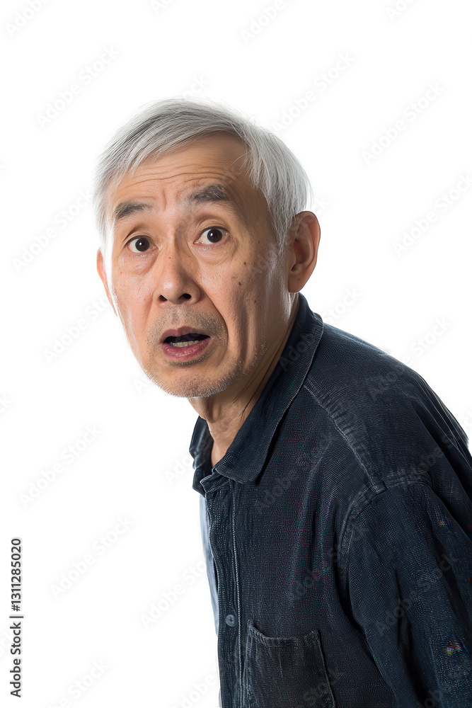 Obraz premium Elderly man with surprised expression looking at camera, isolated on white background, senior portrait, aging, emotions, active lifestyle, curiosity, candid.