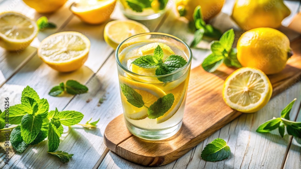 Aerial View Lemon Mint Drink Photography: Refreshing Summer Beverage on White Wood Aerial View Lemon Mint Drink Photography: Refreshing Summer Beverage on White Wood