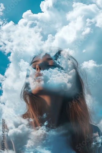 Ethereal Woman with Clouds in Dreamy Sky Background Portrait
