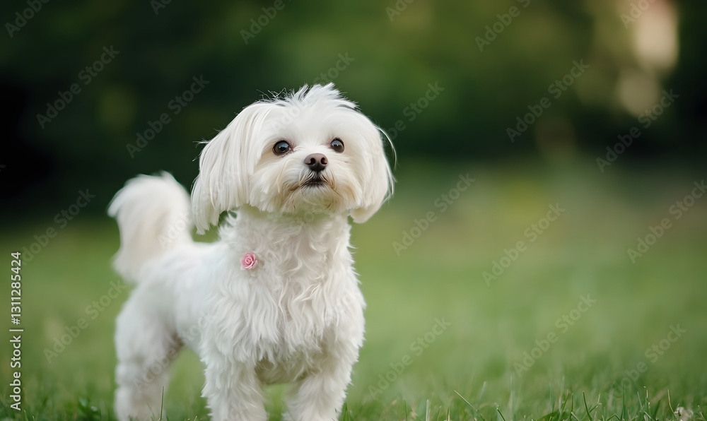 A beautiful show-quality Maltese dog stands in a green park, Generative AI A beautiful show-quality Maltese dog stands in a green park, Generative AI