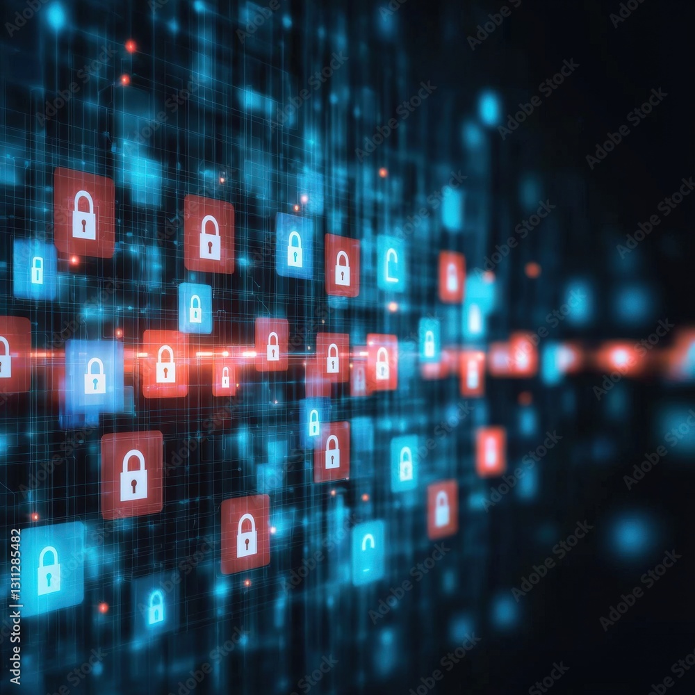 Obraz premium A cybersecurity scene visualized with glowing locks and shields in a matrix background.