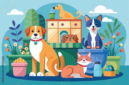 In a colorful garden, various pets including dogs and cats play among plants and pet supplies, Pet care Customizable Semi Flat Illustration
