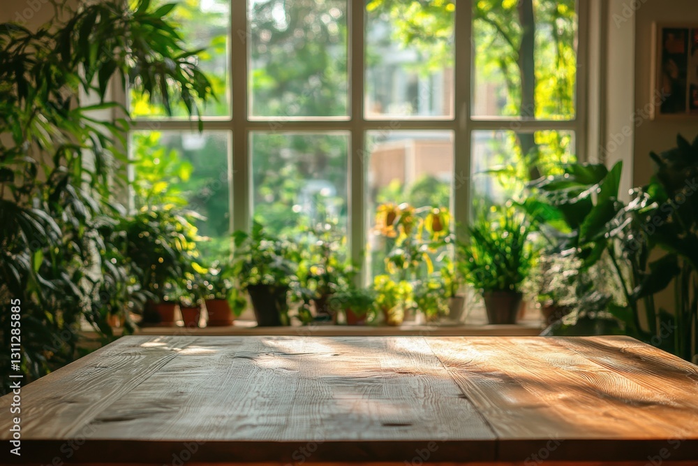Sunlit wooden table near plants and window. Perfect for showcasing products or creating a calming, natural mood. Sunlit wooden table near plants and window. Perfect for showcasing products or creating a calming, natural mood.
