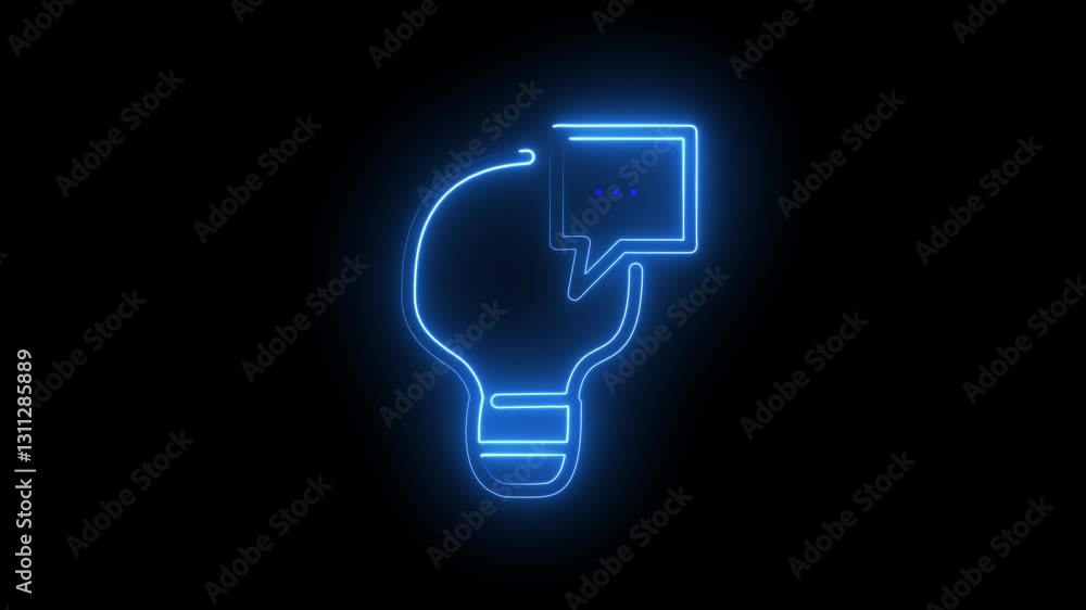 Glowing neon Idea icon isolated on black background.The juxtaposition of the lightbulb and chat bubble suggests a connection between ideas and communication.The neon style gives it a modern, digital Glowing neon Idea icon isolated on black background.The juxtaposition of the lightbulb and chat bubble suggests a connection between ideas and communication.The neon style gives it a modern, digital