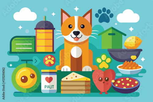 A cheerful dog surrounded by various pet food items, playfully illustrating customization options for pets, Pet food Customizable Disproportionate Illustration