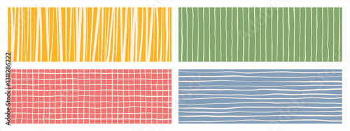 Hand drawn stripes, check, plaid, grid chaotic hatching backgrounds, headers, elongated banners. Uneven streaks, doodle lines, pinstripes patterns. Bright striped 1:3 rectangle templates set.