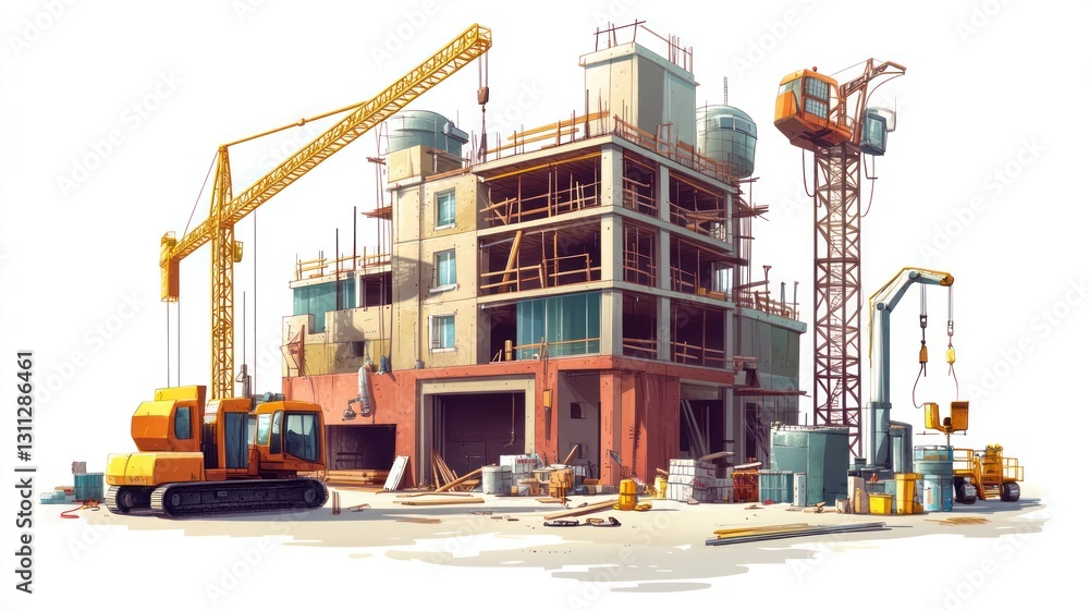 Construction site, building under construction, cranes, heavy machinery, illustration, vector, commercial use, background, work in progress Construction site, building under construction, cranes, heavy machinery, illustration, vector, commercial use, background, work in progress