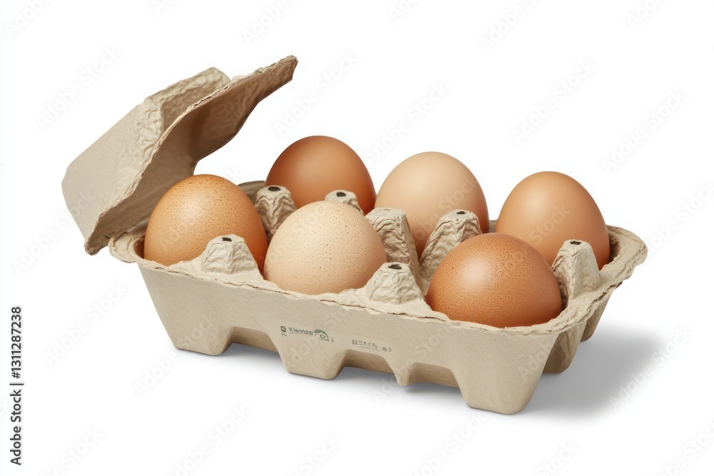 A professional product shot, six free-range eggs displayed in a traditional paper carton, isolated on a seamless white background A professional product shot, six free-range eggs displayed in a traditional paper carton, isolated on a seamless white background