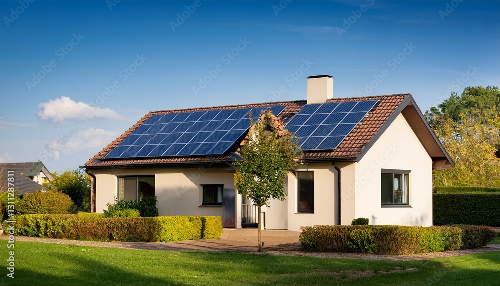 Detached residential house with solar panels on the roof Detached residential house with solar panels on the roof