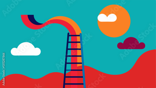 Twisted Design An eccentric ladder with a series of spiraled rungs brightly colored in shades of red and blue. The ladder is exaggeratedly tall and curves dramatically in the