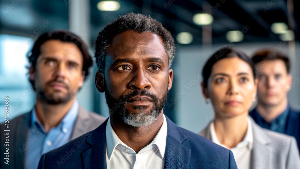 Obraz premium Workplace diversity teamwork perspective concept. Serious professionals standing together in a modern office environment.