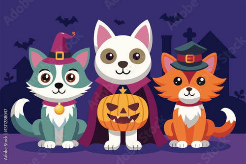 Three cheerful pets dressed in Halloween costumes with a pumpkin, set against a spooky backdrop, Pets with halloween costumes Customizable Flat Illustration