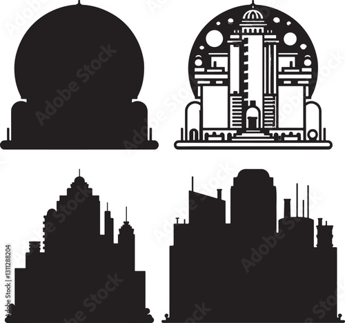 Create a Islamic mina shape vector art silhouette with white background. 