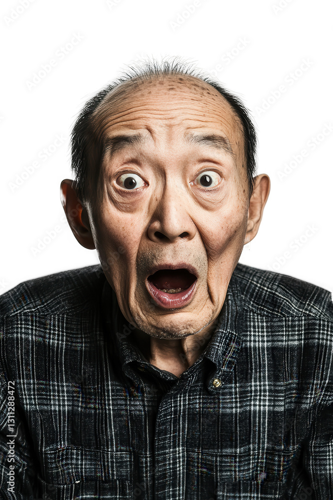 Surprised elderly man expressing shock with wide eyes and open mouth, isolated on white background, showcasing emotions and reactions in portrait. Surprised elderly man expressing shock with wide eyes and open mouth, isolated on white background, showcasing emotions and reactions in portrait.