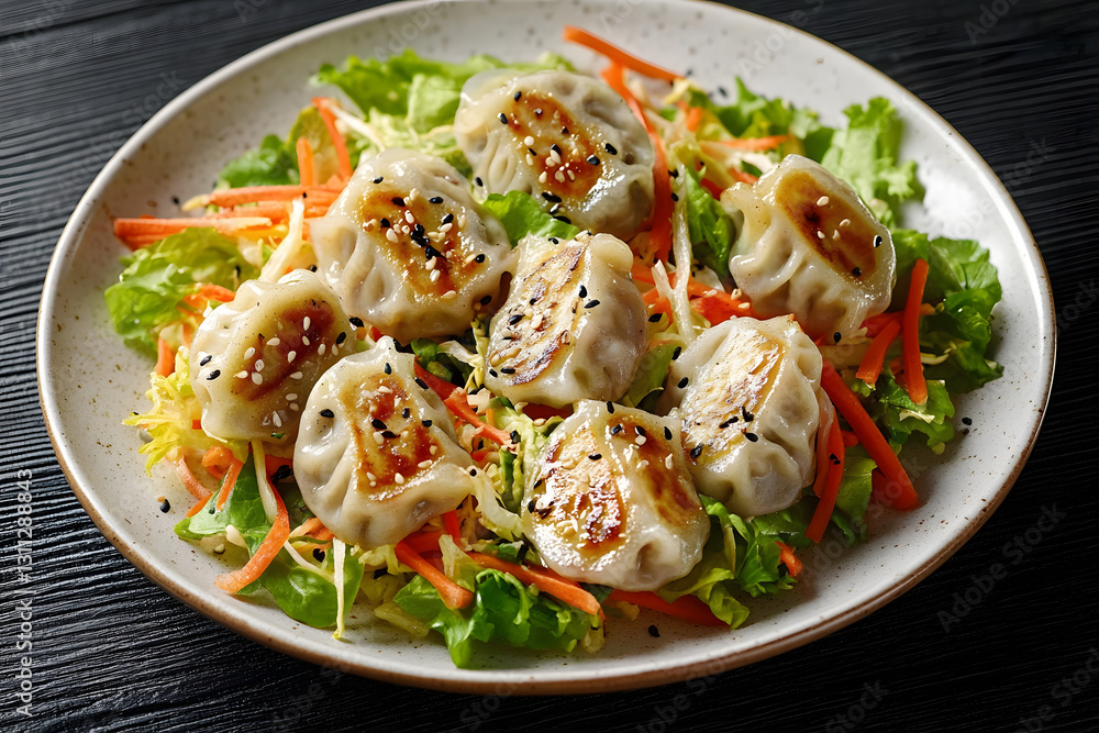 Gyoza Salad or Dumpling Salad with fresh vegetables, nuts and herbs. Asian food Gyoza Salad or Dumpling Salad with fresh vegetables, nuts and herbs. Asian food