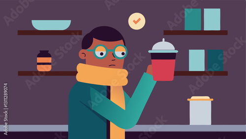 The Coffee Spill A person with glasses and a colorful scarf sits on a barstool at the coffee shop counter their mouth agape in shock. In one hand they are holding a cup that is