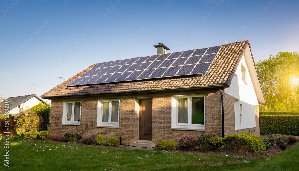 Detached residential house with solar panels on the roof Detached residential house with solar panels on the roof