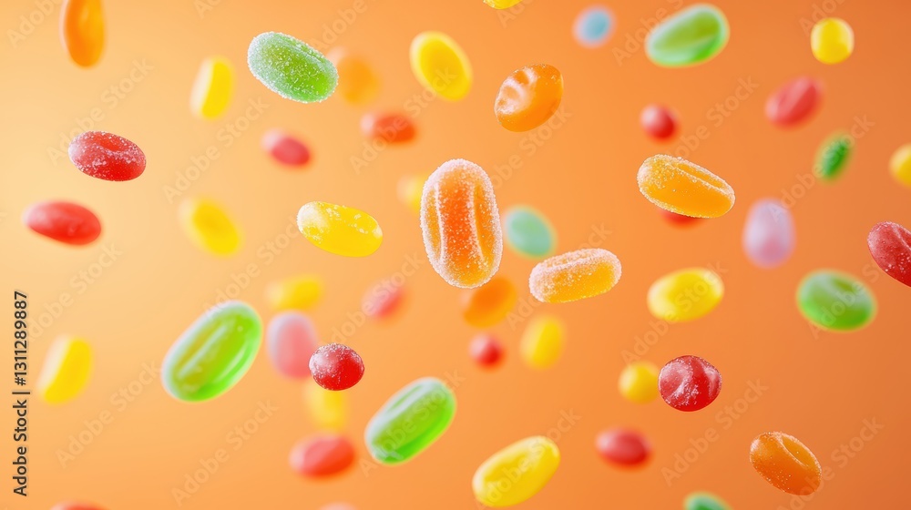 Colorful jelly beans playfully falling from a ceiling creating a whimsical and fun candy texture experience Colorful jelly beans playfully falling from a ceiling creating a whimsical and fun candy texture experience