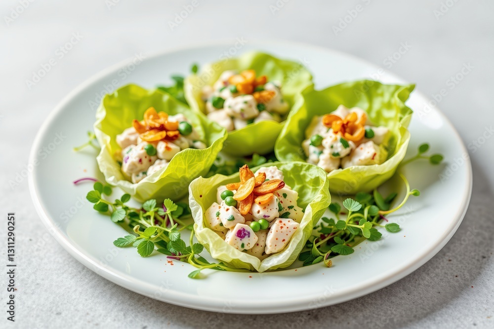 Plate holds lettuce cups with chicken salad and peas, garnished with crispy topping and microgreens, light background with elegant presentation, design for food blogs, healthy recipes, restaurant menu Plate holds lettuce cups with chicken salad and peas, garnished with crispy topping and microgreens, light background with elegant presentation, design for food blogs, healthy recipes, restaurant menu