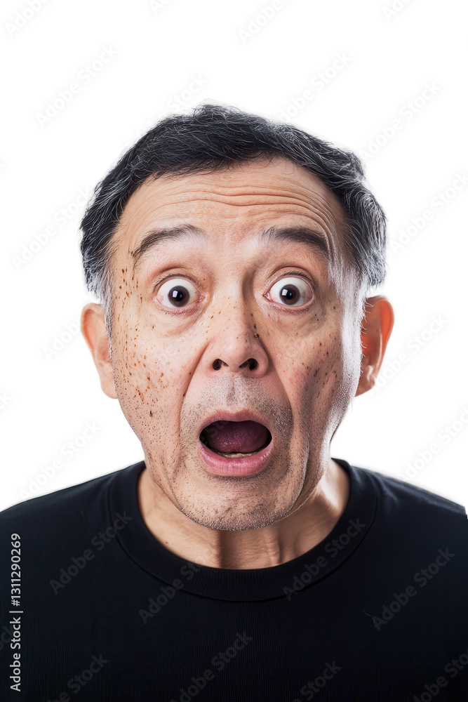 Man with shocked expression on white background, surprised older adult experiencing emotions, facial reaction, unexpected news, isolated male portrait. Man with shocked expression on white background, surprised older adult experiencing emotions, facial reaction, unexpected news, isolated male portrait.